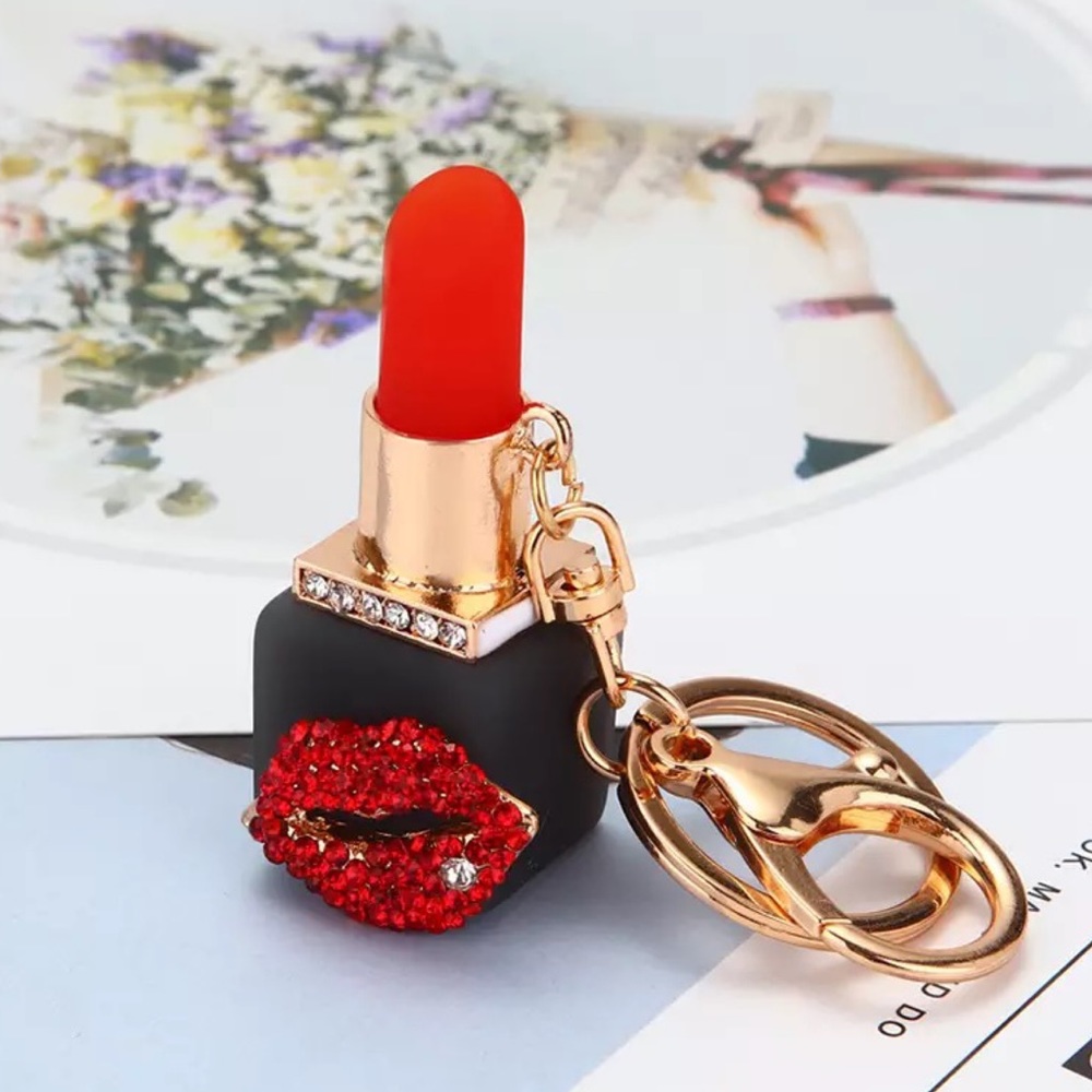 Red Lipstick with Crystal Lips Keychain Charm